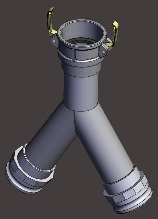 A 3-way port expander made of gray aluminum or stainless steel, featuring integrated camlocks and multiple pipe connections.