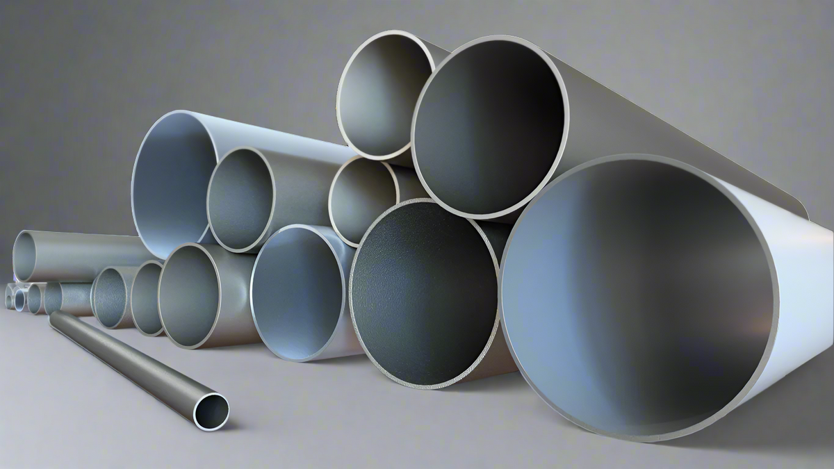A collection of stainless steel pipes and tubes with varying diameters, arranged in a fanned-out layout.