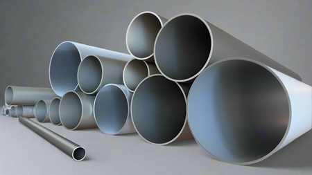 A collection of stainless steel pipes and tubes with varying diameters, arranged in a fanned-out layout.
